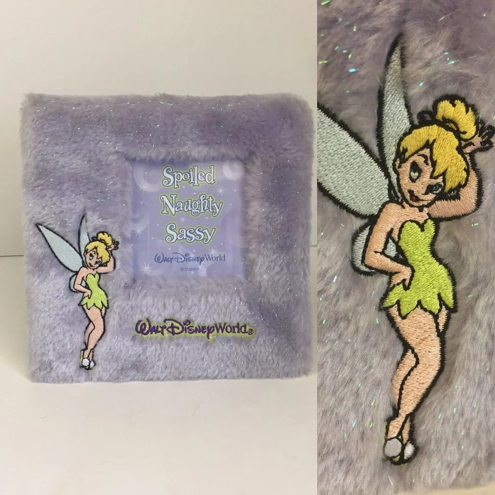 Disney World Tinkerbell Embroidered on Purple Sparkle Faux Fur‎ Square Pic Frame